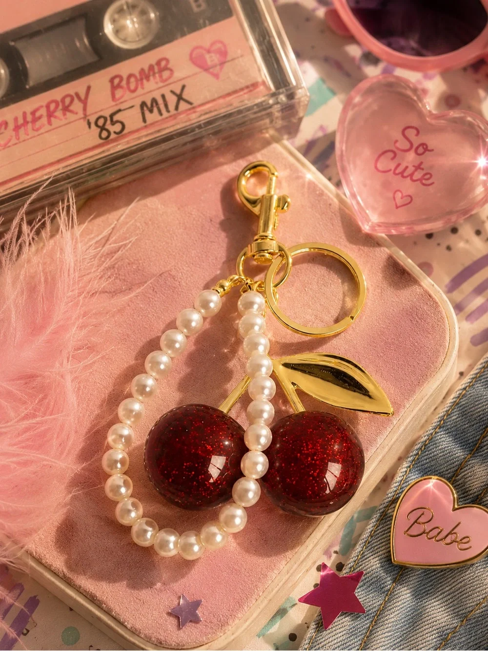 🍒 Y2K Cherry Pearl Bag Charm Keychain – Gold Tone. Ships free!